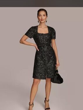 Donna Karan Black Sequined Square-Neck Mini with Short Sleeves